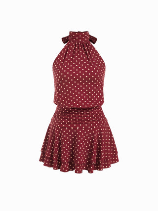 Chiffon Polka Dot Halter Neckline Ruffled Tie Back Mini Dress