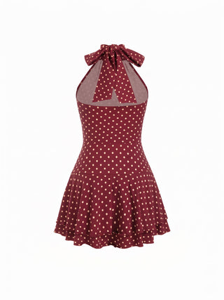 Chiffon Polka Dot Halter Neckline Ruffled Tie Back Mini Dress