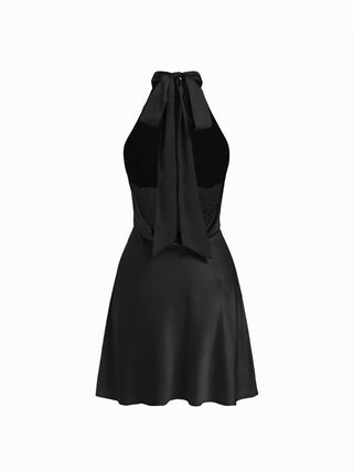 Satin Halter Neckline Backless Bowknot A-line Mini Dress