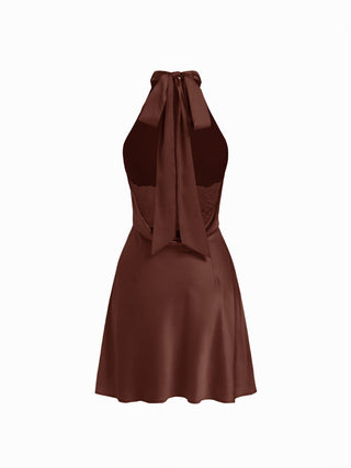 Satin Halter Neckline Backless Bowknot A-line Mini Dress