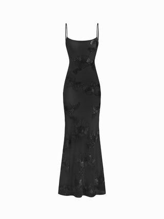 Floral Lace Up Appliques Backless Maxi Dress