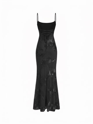 Floral Lace Up Appliques Backless Maxi Dress