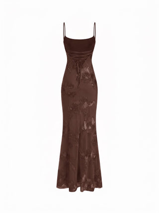 Floral Lace Up Appliques Backless Maxi Dress
