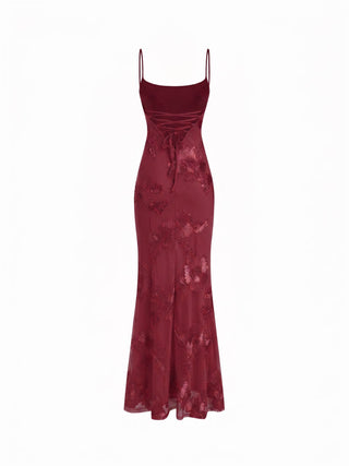 Floral Lace Up Appliques Backless Maxi Dress