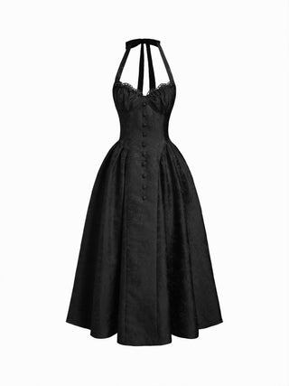 Jacquard Halter Neckline Bowknot Draped Flared Maxi Dress