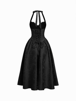 Jacquard Halter Neckline Bowknot Draped Flared Maxi Dress