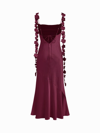 Satin Cowl Neck Floral Applique Lace Up Mermaid Maxi Dress