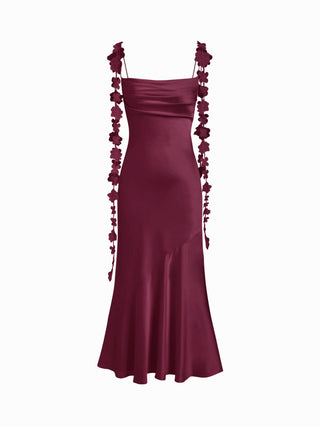 Satin Cowl Neck Floral Applique Lace Up Mermaid Maxi Dress