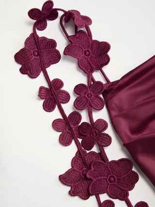 Satin Cowl Neck Floral Applique Lace Up Mermaid Maxi Dress