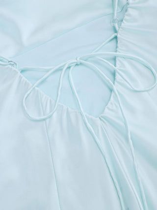 Satin Cowl Neck Floral Applique Lace Up Mermaid Maxi Dress