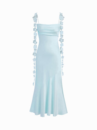 Satin Cowl Neck Floral Applique Lace Up Mermaid Maxi Dress