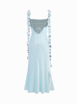 Satin Cowl Neck Floral Applique Lace Up Mermaid Maxi Dress