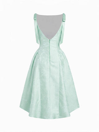 Jacquard Sculptural Boat Neck Bowknot Backless Flared Maxi Dress