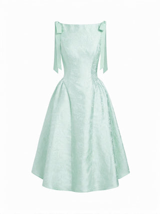 Jacquard Sculptural Boat Neck Bowknot Backless Flared Maxi Dress
