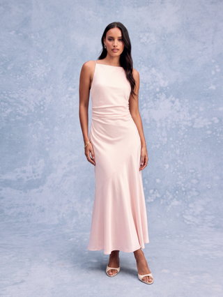 Satin Off-shoulder Ruched Lace Up Backless Mermaid Maxi Dress