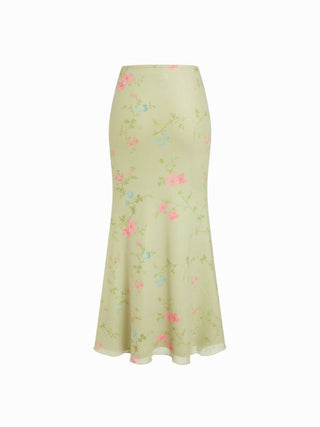 Mesh Mid Rise Floral Bowknot Lettuce Trim Mermaid Maxi Skirt