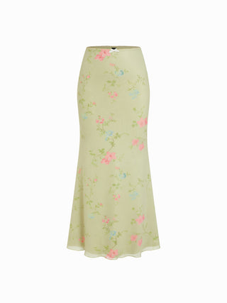 Mesh Mid Rise Floral Bowknot Lettuce Trim Mermaid Maxi Skirt