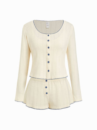 Cotton Jacquard U-neckline Scallop Top & Mid Rise Wide Leg Shorts Loungewear Set