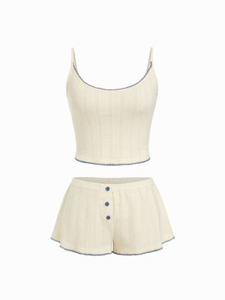 Cotton Jacquard U-neckline Scallop Top & Mid Rise Wide Leg Shorts Loungewear Set