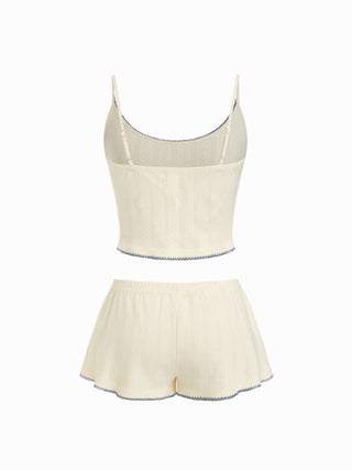 Cotton Jacquard U-neckline Scallop Top & Mid Rise Wide Leg Shorts Loungewear Set
