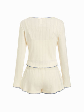 Cotton Jacquard U-neckline Scallop Top & Mid Rise Wide Leg Shorts Loungewear Set
