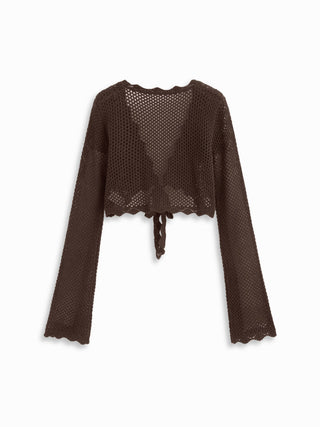 Knit Crochet Hollow Out Bell Sleeve Knotted Oversized Cardigan