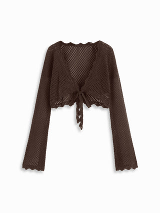 Knit Crochet Hollow Out Bell Sleeve Knotted Oversized Cardigan