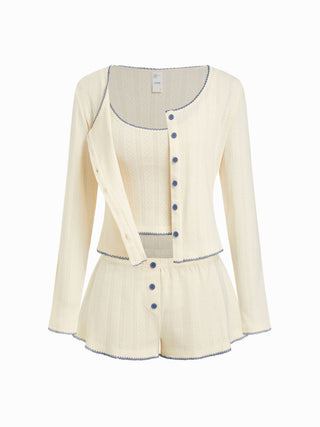 Cotton Jacquard U-neckline Scallop Top & Mid Rise Wide Leg Shorts Loungewear Set