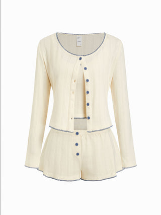 Cotton Jacquard U-neckline Scallop Top & Mid Rise Wide Leg Shorts Loungewear Set