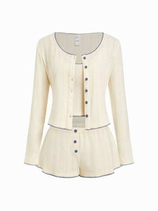 Cotton Jacquard U-neckline Scallop Top & Mid Rise Wide Leg Shorts Loungewear Set