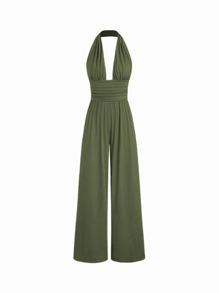 V-neck Ruched Wide Leg Jumpsuit