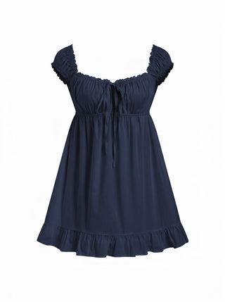 Cotton-blend Square Neck Puff Sleeve Drawstring Ruffle Hem Oversized Babydoll Mini Dress