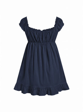 Cotton-blend Square Neck Puff Sleeve Drawstring Ruffle Hem Oversized Babydoll Mini Dress