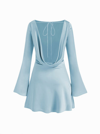 Satin Boat Neck Bell Sleeve Backless Mini Dress