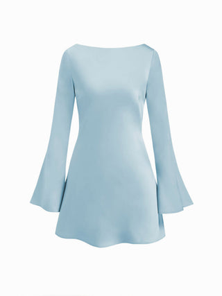 Satin Boat Neck Bell Sleeve Backless Mini Dress