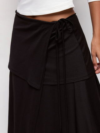 Textured Mid Rise Asymmetrical Tie Detail Flared Maxi Skirt