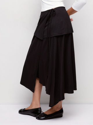 Textured Mid Rise Asymmetrical Tie Detail Flared Maxi Skirt