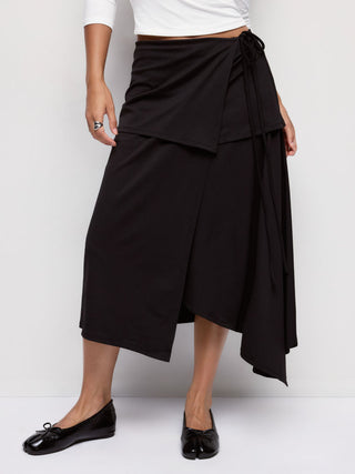 Textured Mid Rise Asymmetrical Tie Detail Flared Maxi Skirt