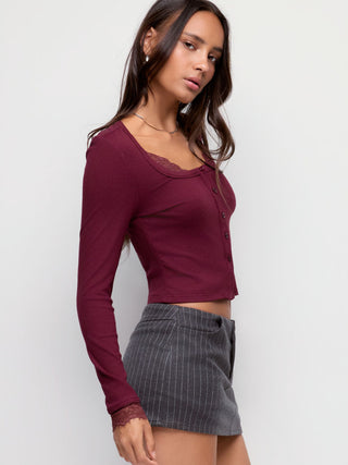 Ribbed Scoop Neck Lace Trim Long Sleeve Top