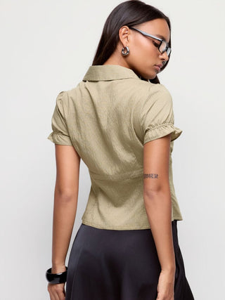 Striped Puff Sleeve Metal Detail Belted Blouse