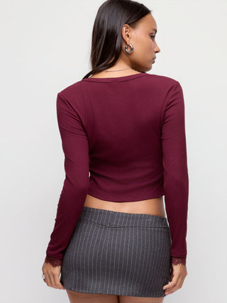 Ribbed Scoop Neck Lace Trim Long Sleeve Top
