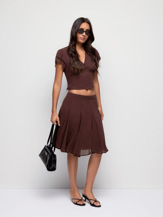 Chiffon V-neck Ruffled Sleeve Top & Low Rise A-line Midi Skirt Set