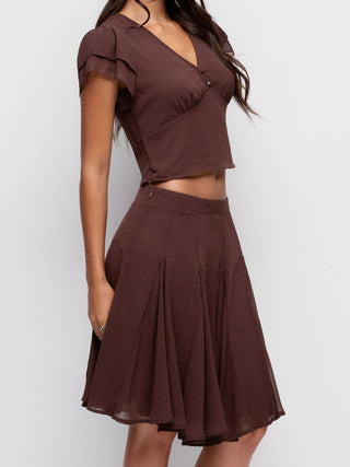 Chiffon V-neck Ruffled Sleeve Top & Low Rise A-line Midi Skirt Set