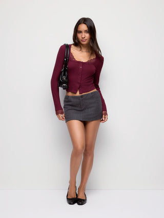 Ribbed Scoop Neck Lace Trim Long Sleeve Top