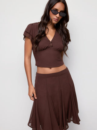 Chiffon V-neck Ruffled Sleeve Top & Low Rise A-line Midi Skirt Set