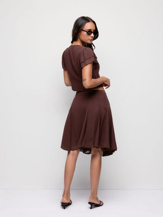 Chiffon V-neck Ruffled Sleeve Top & Low Rise A-line Midi Skirt Set