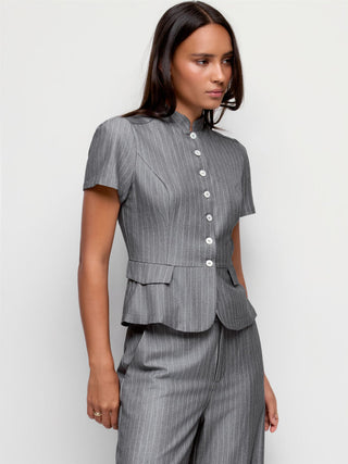 Striped Stand Collar Puff Sleeve Button Through Peplum Blouse