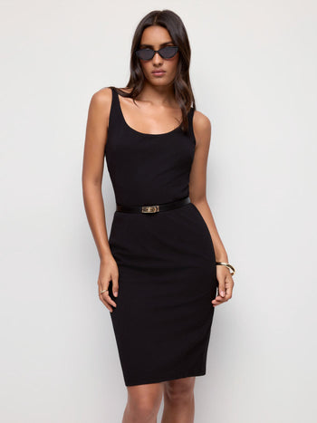 Textured Scoop Neck Metal Detail Bodycon Midi Dress With Belt
