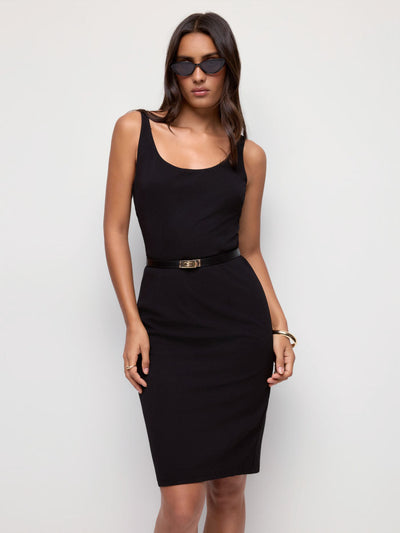 Textured Scoop Neck Metal Detail Bodycon Midi Dress With Belt