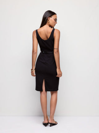 Textured Scoop Neck Metal Detail Bodycon Midi Dress With Belt